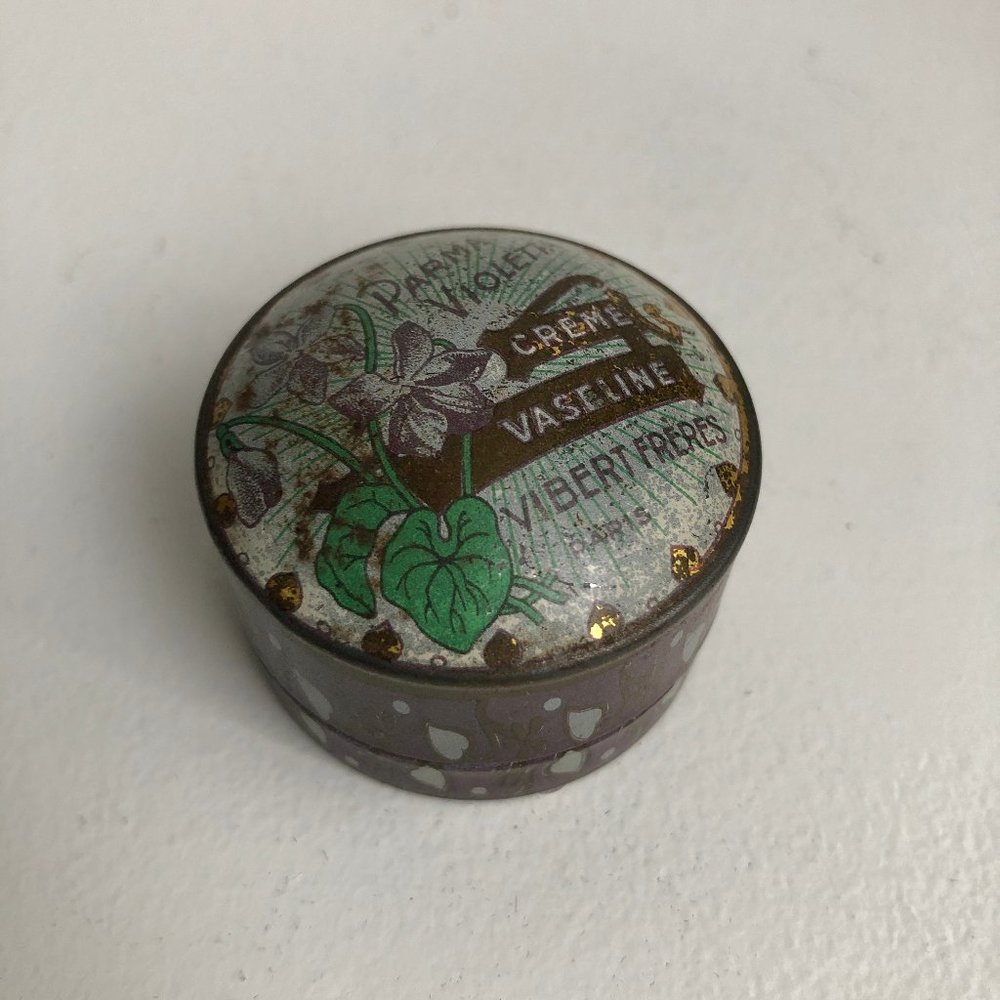 Antique French Tiny Round Violet Painted Tole Tin